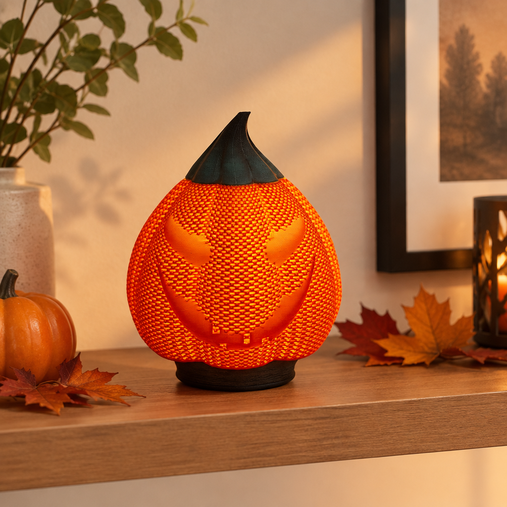 Orange mesh-look Evil Pumpkin decoration on a modern shelf with subtle Halloween accents