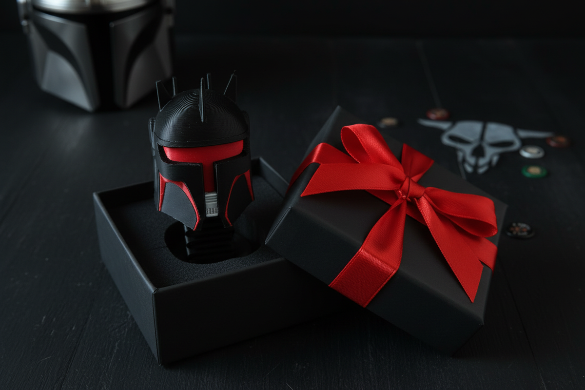 Star Wars Moff Gideon Beskar Armor Springie presented as a gift in a sleek black box with red ribbon