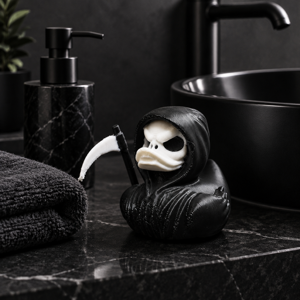 Grim Reaper bath duck beside a black sink in a monochrome bathroom