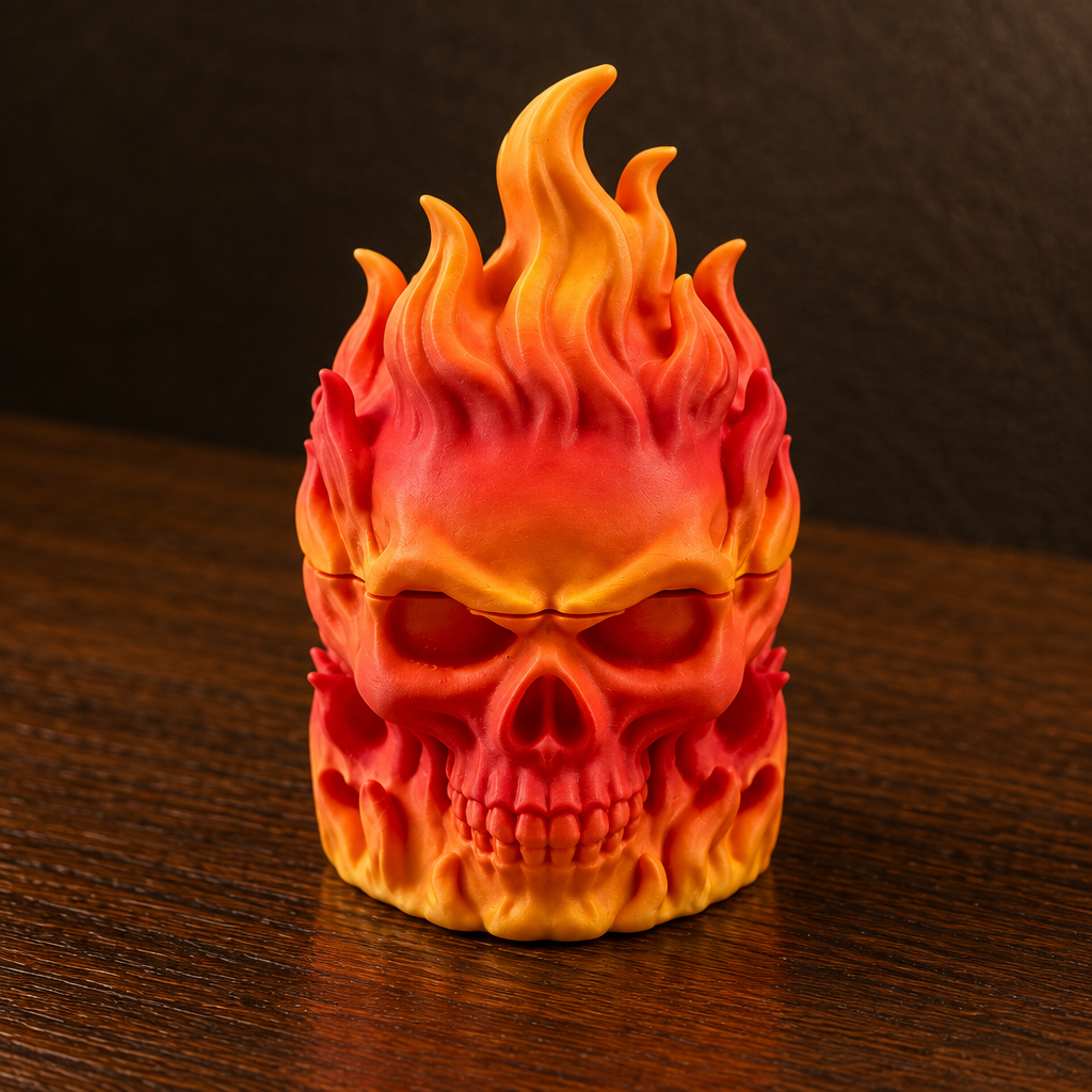 Close-up of Flaming Skull Herb Grinder face and flames
