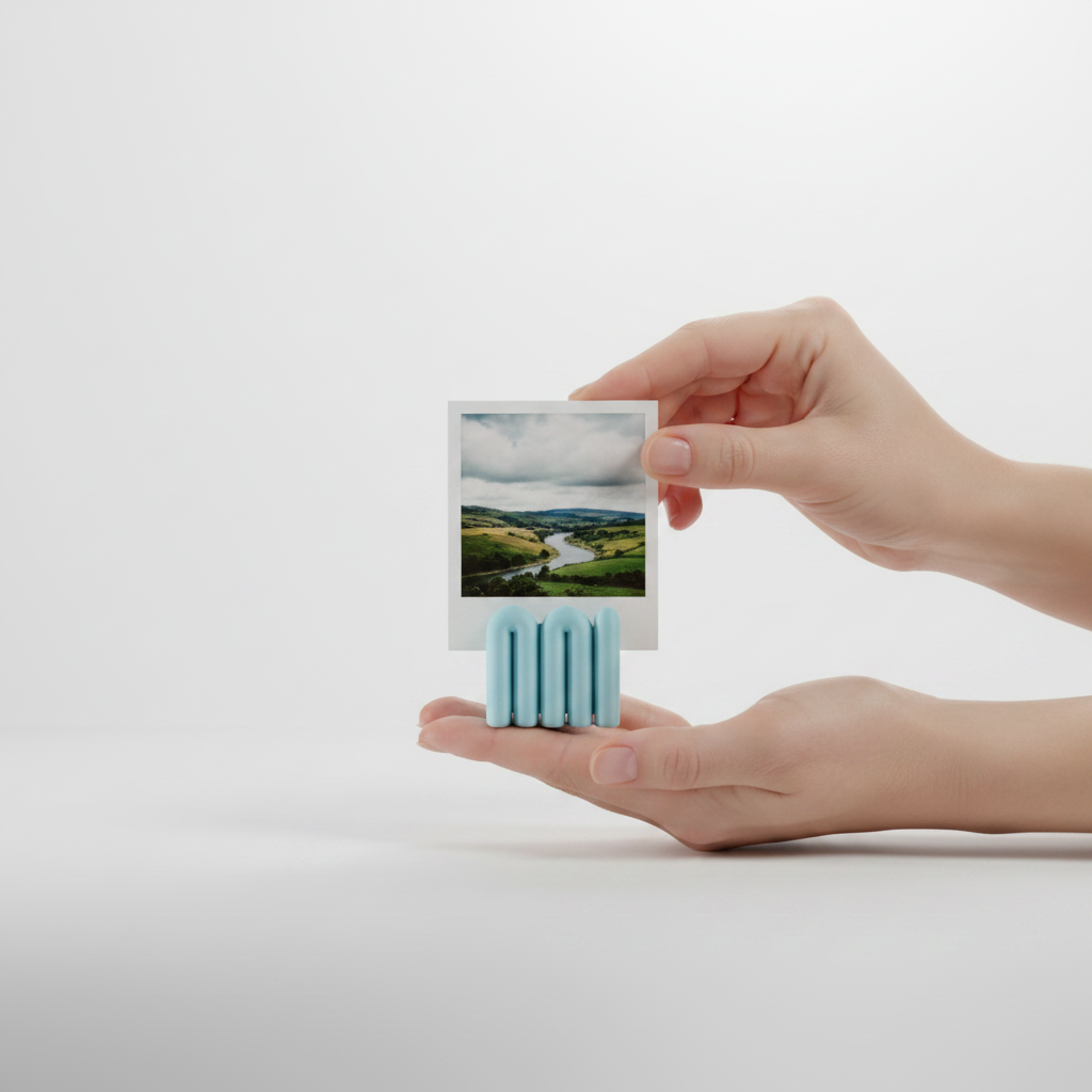 Hands holding blue wibble photo holder - lifestyle