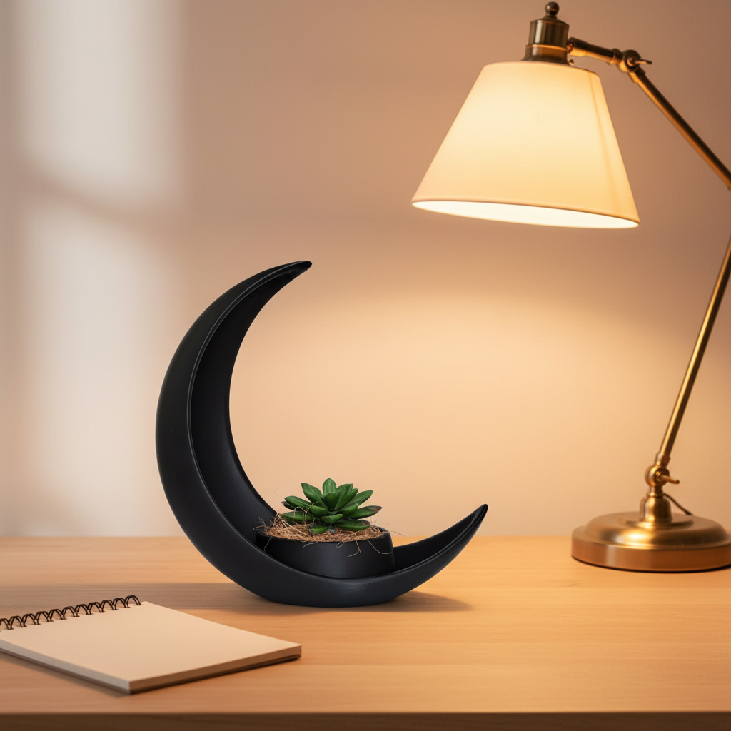 Black crescent moon planter with succulent on a home office desk
