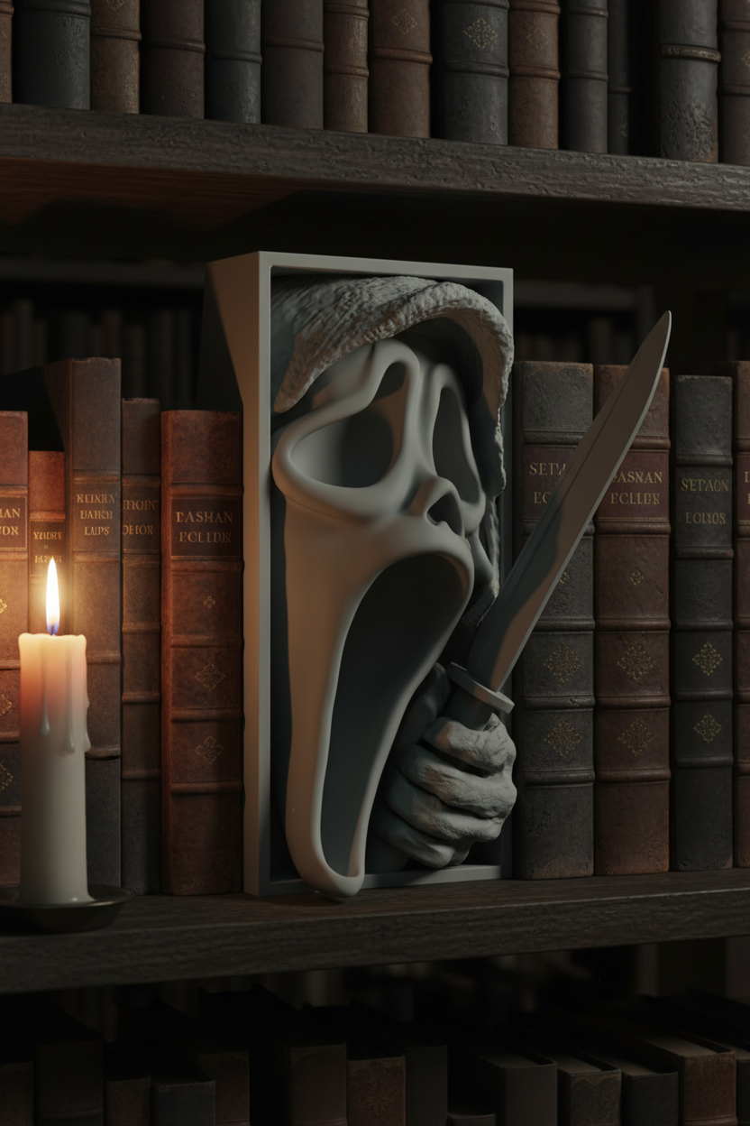 Scream book nook relief sculpture grey framed box dark gothic library shelf antique hardcover books single candle raking side light long shadows screaming mask clawed hand knife eerie atmospheric portrait
