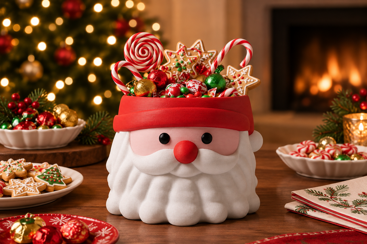Santa Head sweet bowl among festive plates and wrapped treats at a Christmas buffet