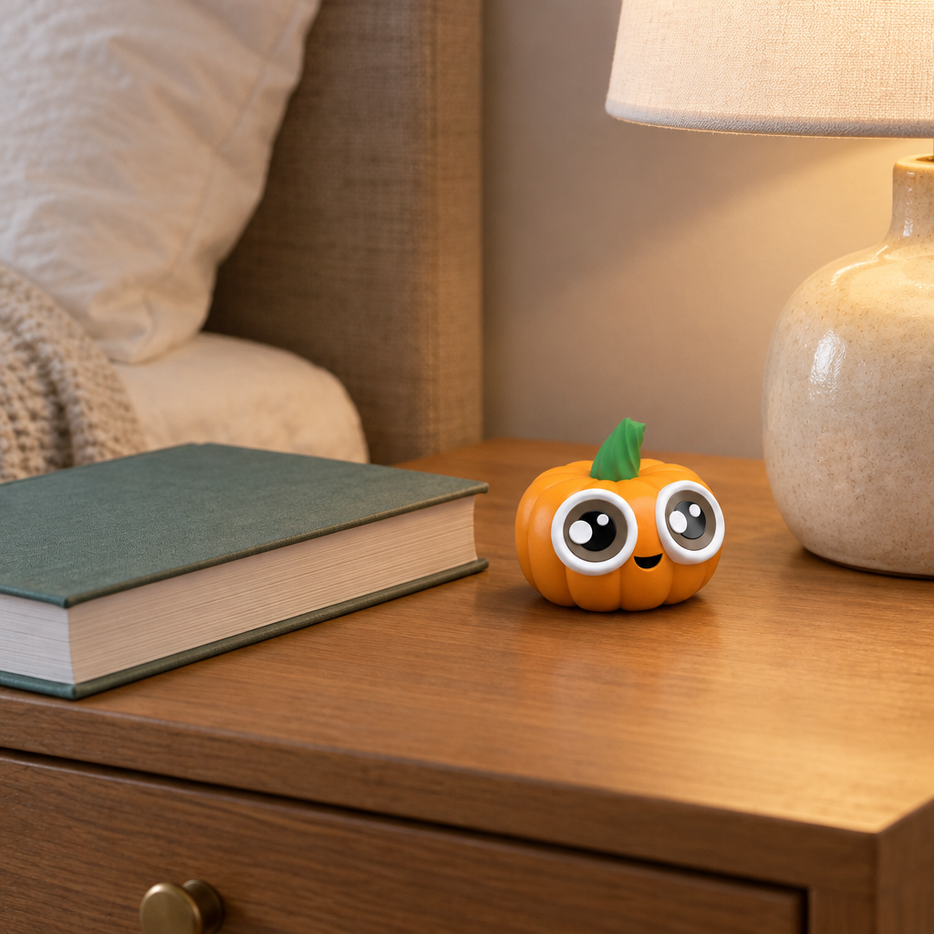 Small pumpkin figure beside a book on a bedside table