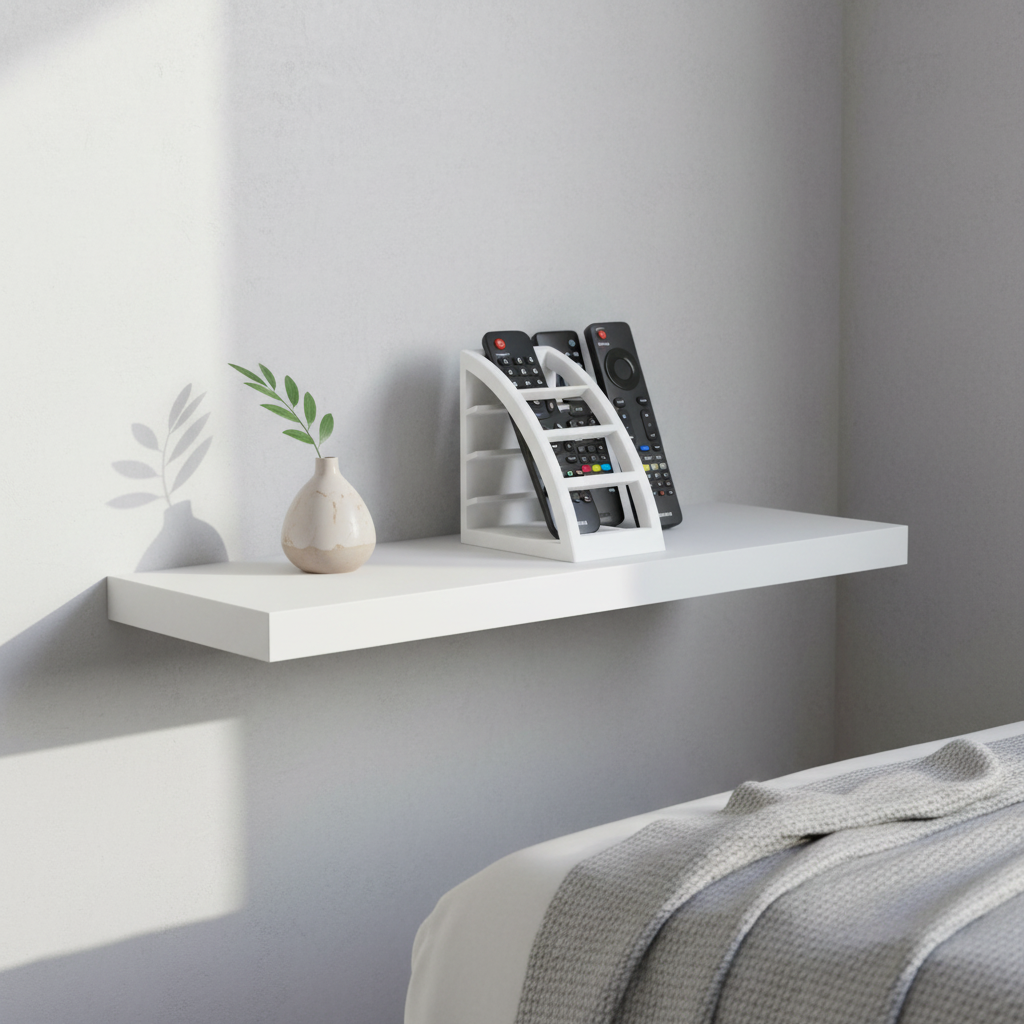 Remote Control Organizer in white displayed on a bright white floating shelf in a clean Scandinavian bedroom