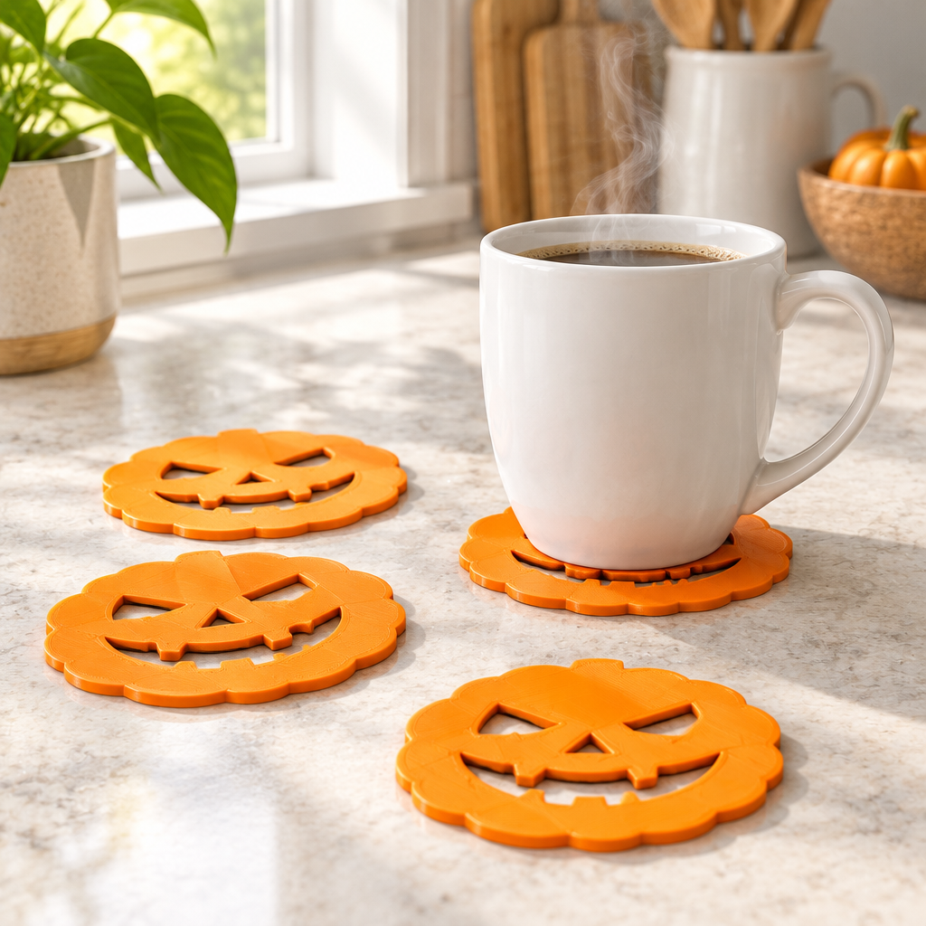 Orange pumpkin face coasters on a light kitchen counter beside a white mug