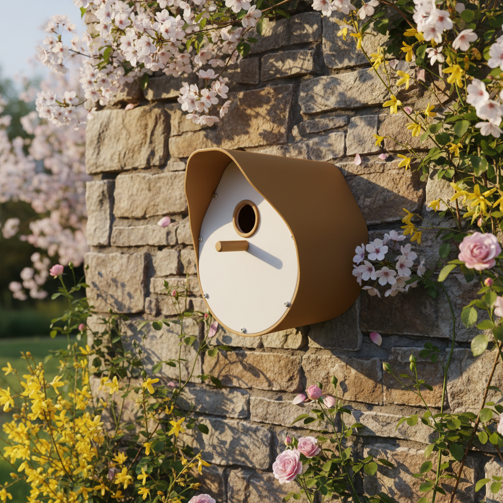 Contemporary curved birdhouse on stone garden wall surrounded by spring blossoms