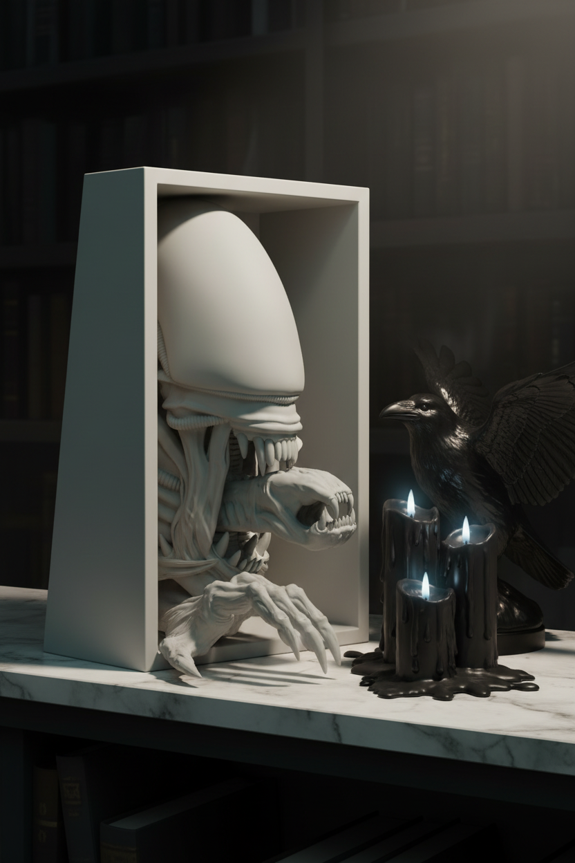 Alien Xenomorph book nook relief sculpture white framed box pale marble shelf dark moody interior black raven sculpture melted taper candles ghostly atmospheric pale editorial portrait