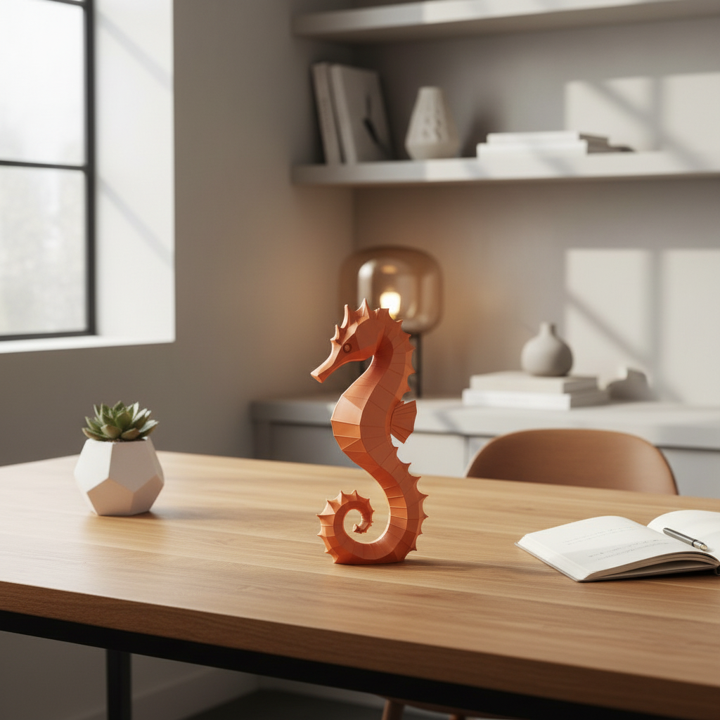 Terracotta orange seahorse sculpture on oak desk with notebook and plant