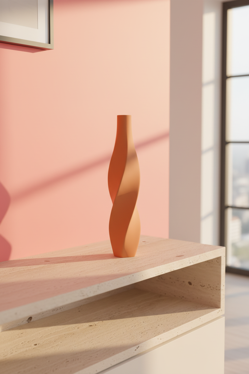 Twist Panel Vase terracotta orange matte angular faceted panel mid-body twist narrow tapered neck standalone sculptural object pale travertine shelf bright contemporary living room warm afternoon sunlight portrait