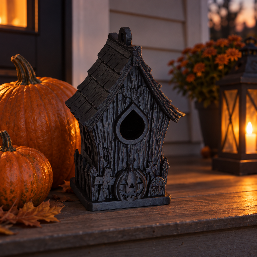 Haunted bird house on a sheltered porch beside pumpkins