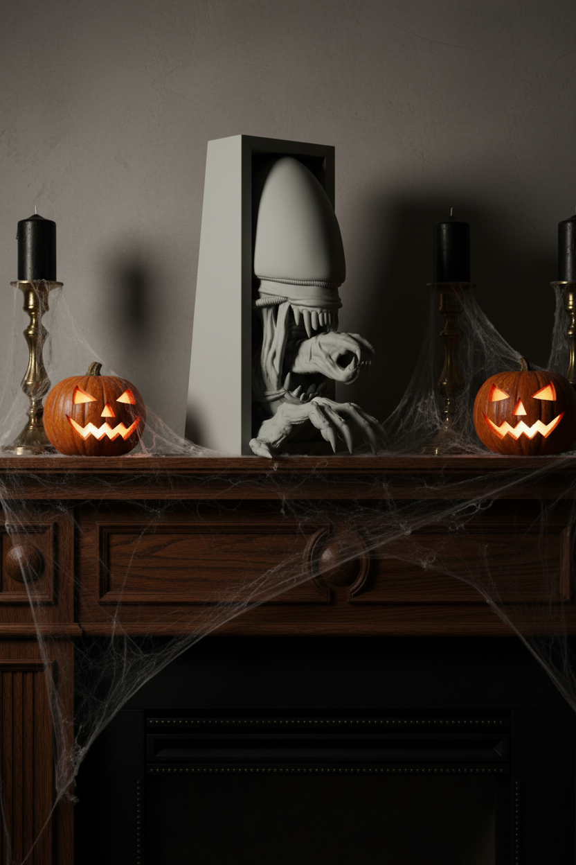 Alien Xenomorph book nook relief sculpture grey framed box dark oak mantelpiece black pillar candles brass holders cobwebs carved glowing pumpkin dramatic Halloween candlelight interior portrait