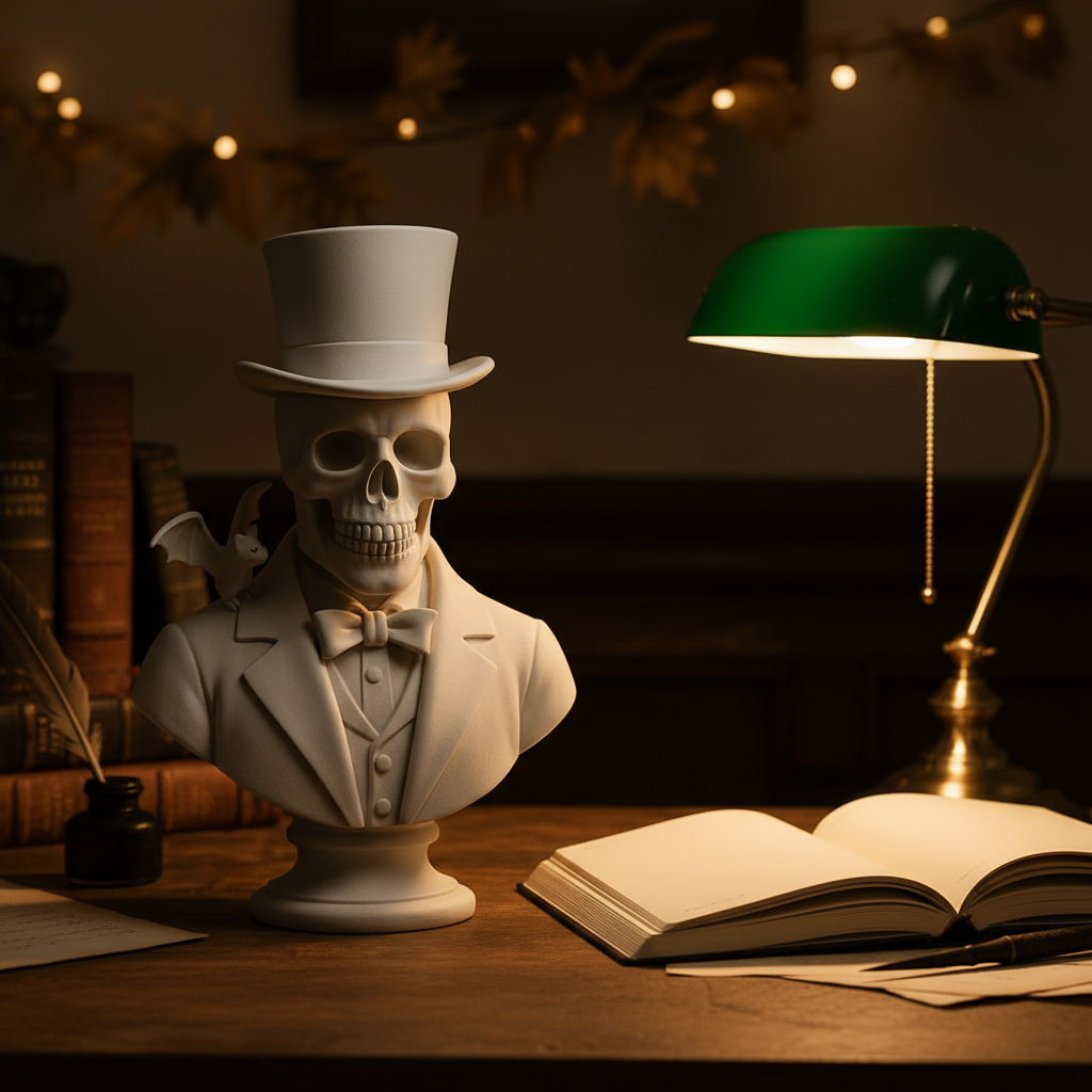White gentleman skull bust sculpture on a writer’s desk