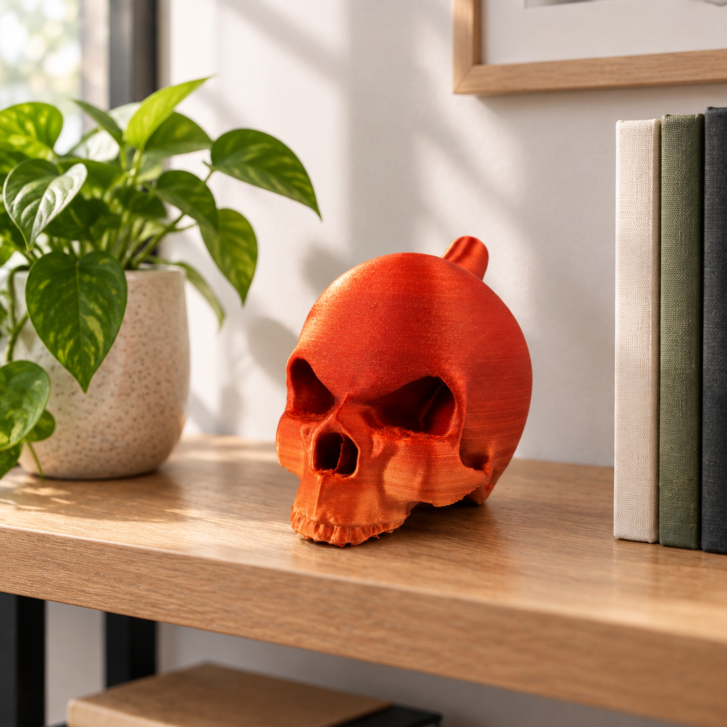 The orange skull ornament styled on a neat home-office shelf with books and a small plant.