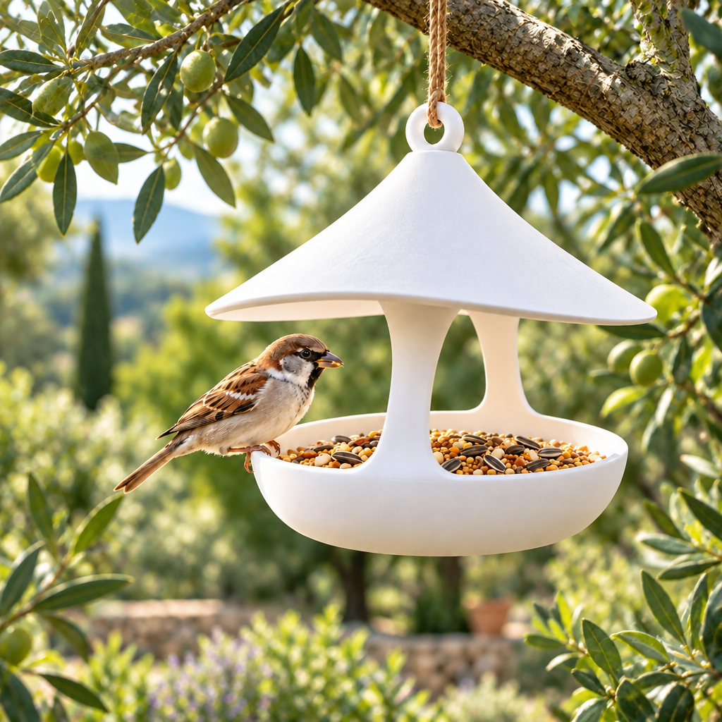Modern bird feeder among foliage