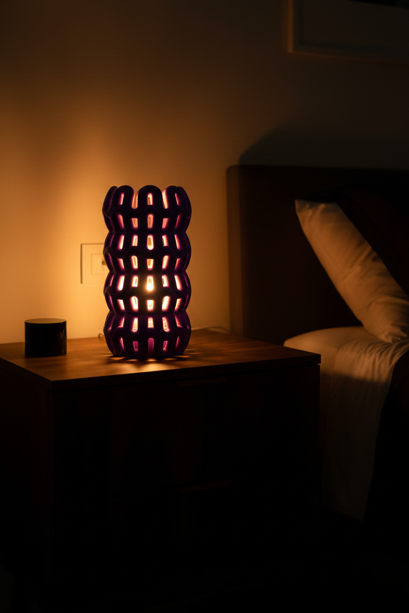 Purple Wibble Weave LED Lamp glowing in moody contemporary bedroom - lifestyle