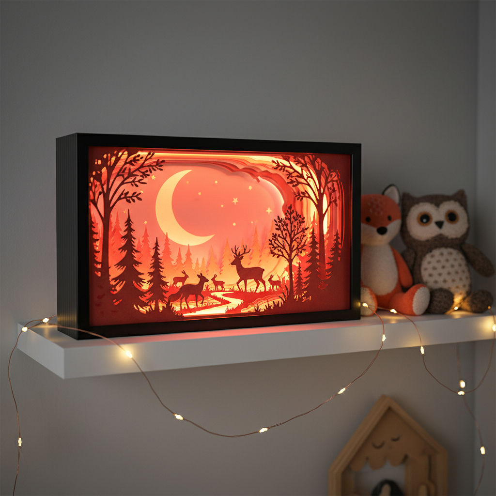 Moonlit Forest Walk Shadow Box displayed on child's bedroom shelf with fairy lights and plush toys