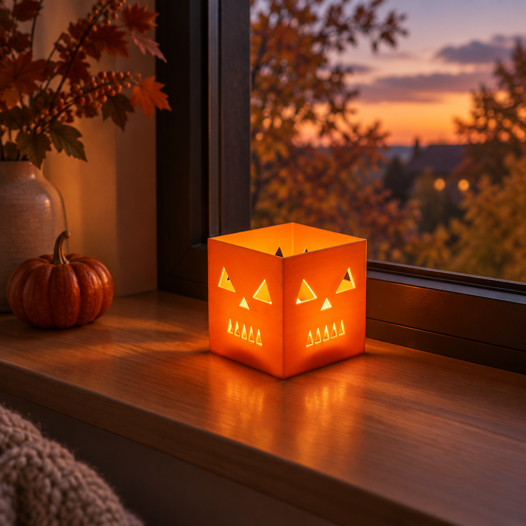 Orange cube pumpkin holder glowing on a windowsill at twilight with a flameless LED tealight