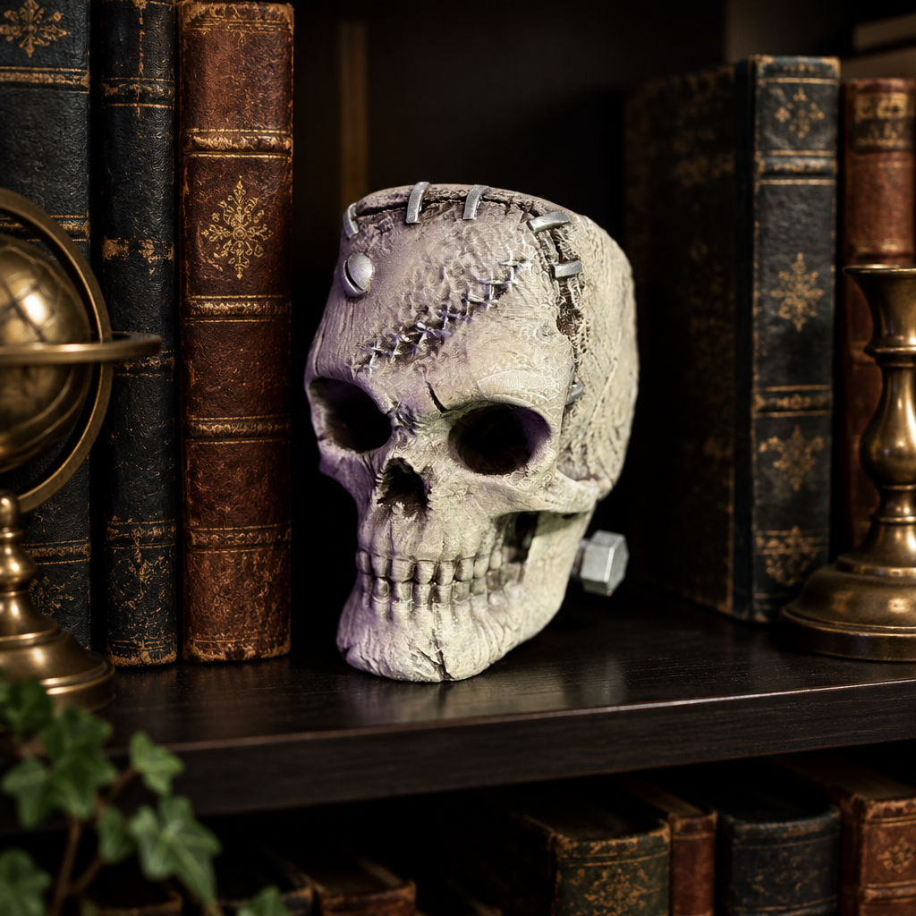 Textured bolted skull displayed directly on a dark library shelf among books