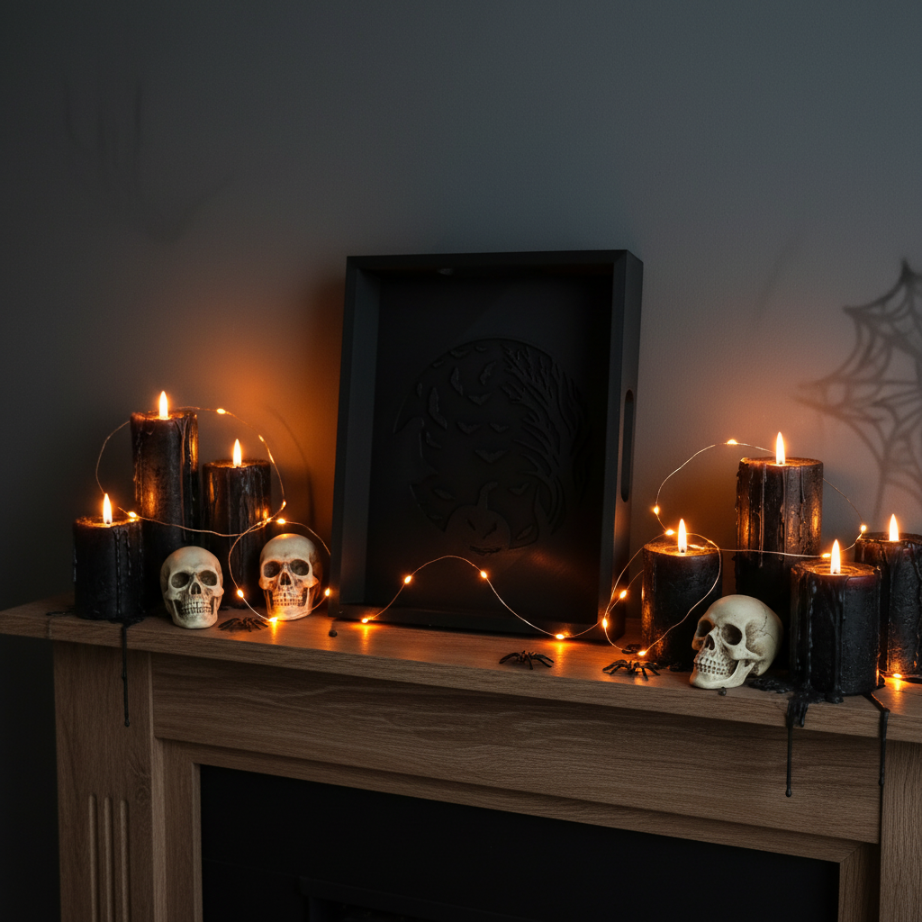 Black Halloween tray on mantelpiece with black candles mini skulls and orange fairy lights lifestyle