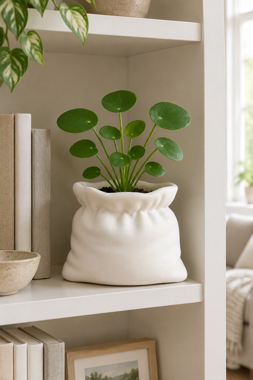 White sack planter with a round-leaf plant on a built-in bookshelf