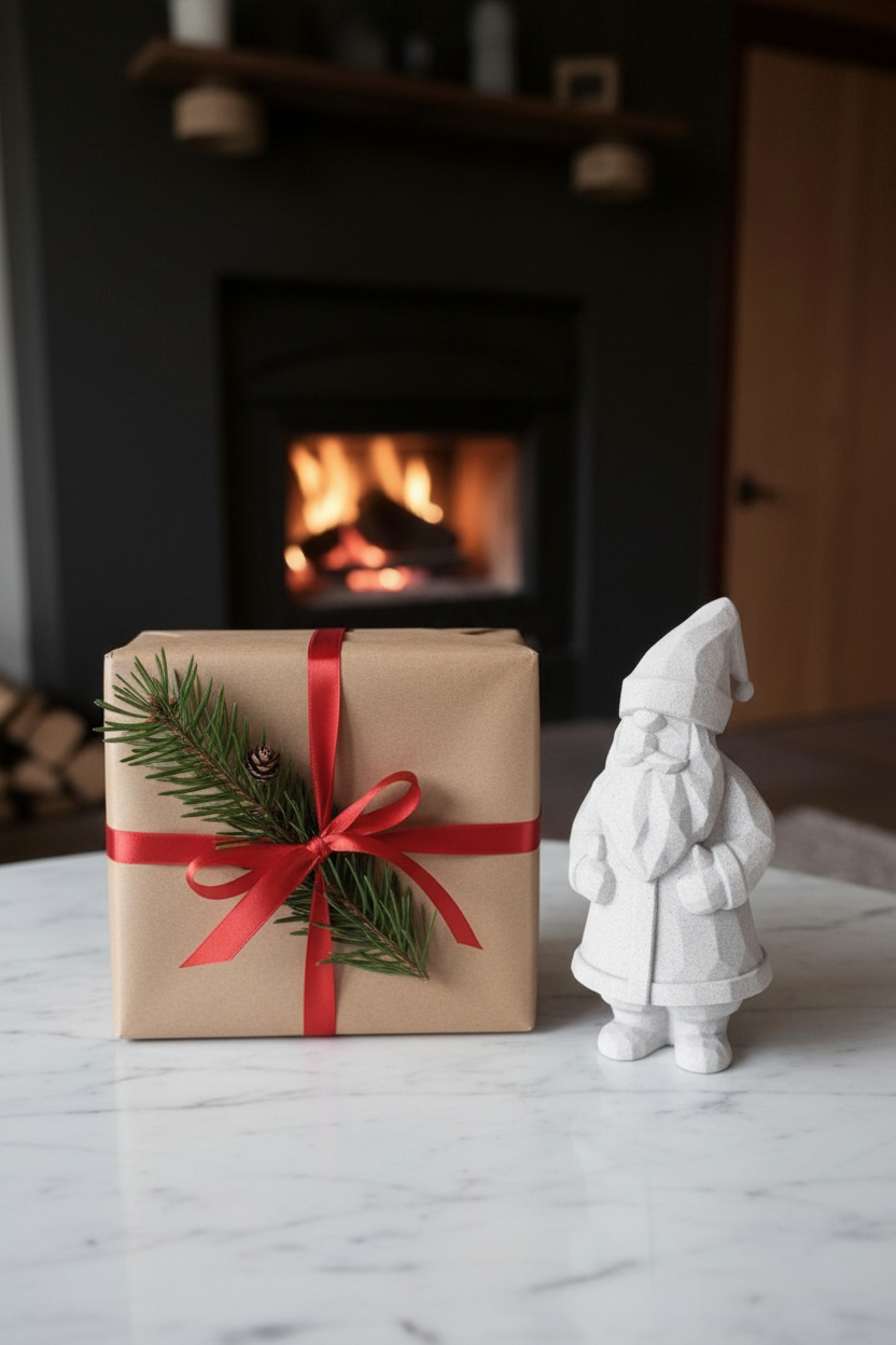Low-poly white Santa as gift on marble surface with kraft paper red ribbon and pine sprig lifestyle