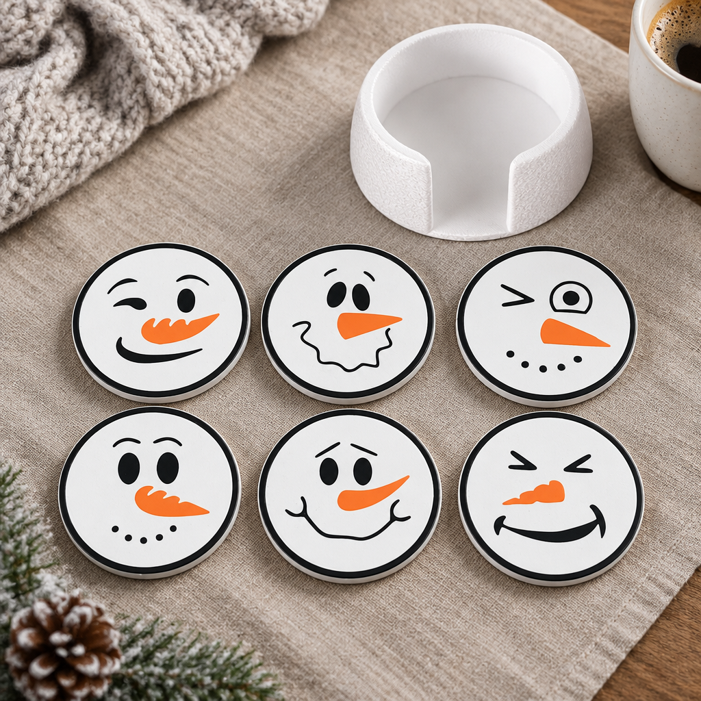 Six snowman expressions on linen