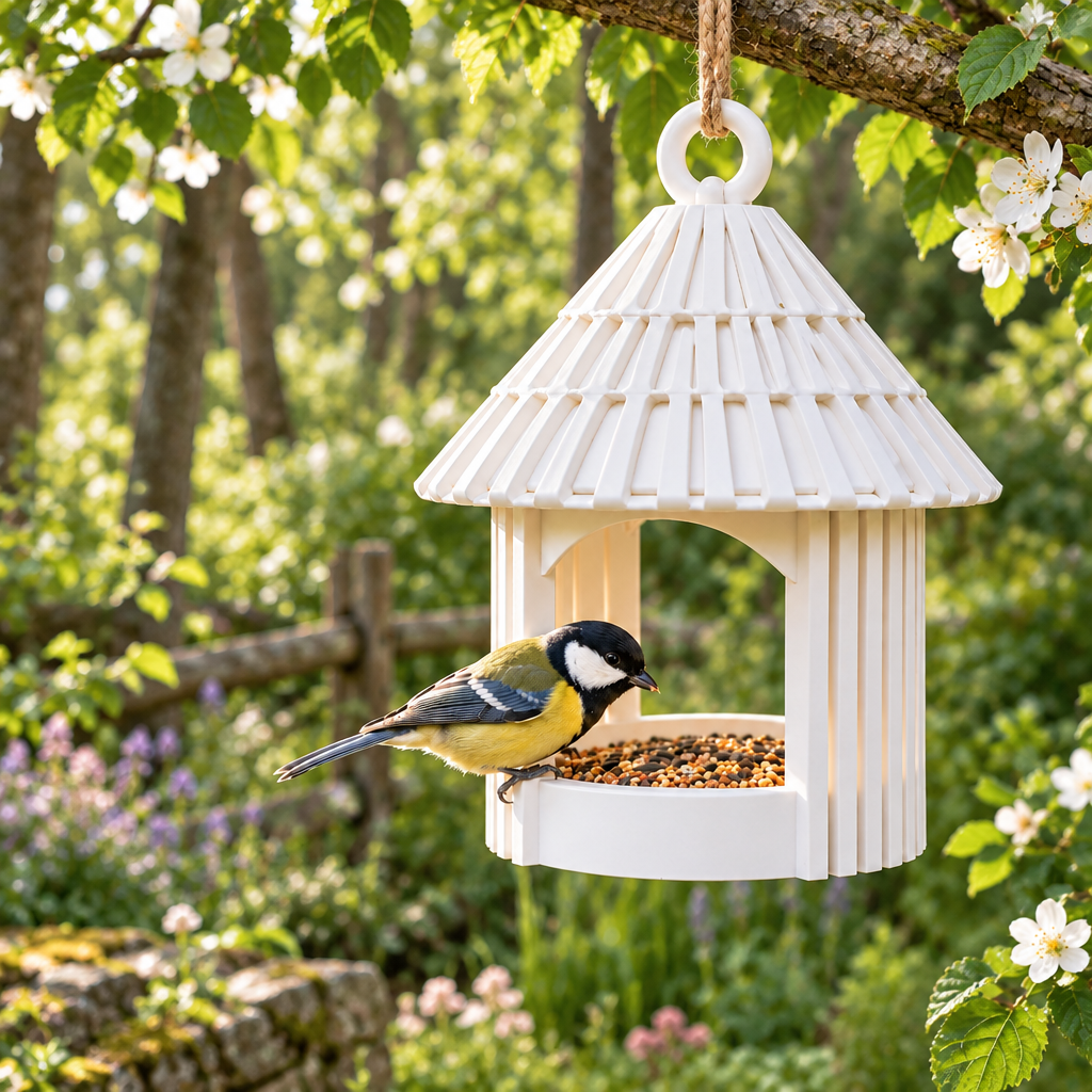 Garden Hut feeder near a woodland garden
