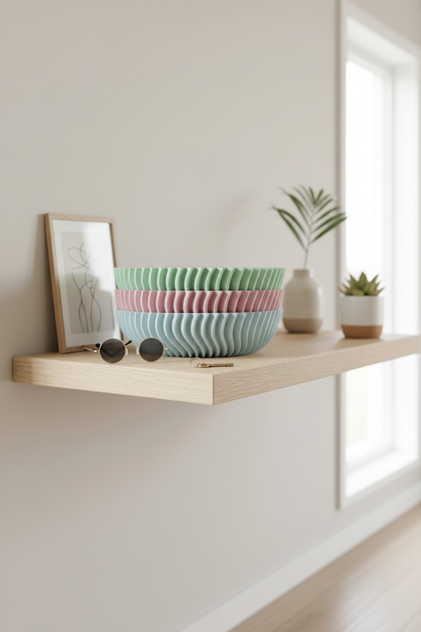 Three stacked ripple bowls as entryway catchall on oak console - lifestyle