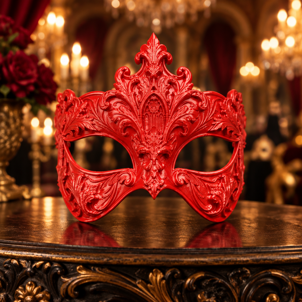 Red ornate masquerade mask at a Venetian carnival reception, no strap included