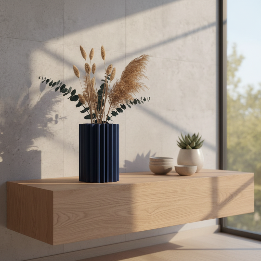 Navy blue coral organic vase with dried flowers on a wooden shelf in a Scandinavian interior