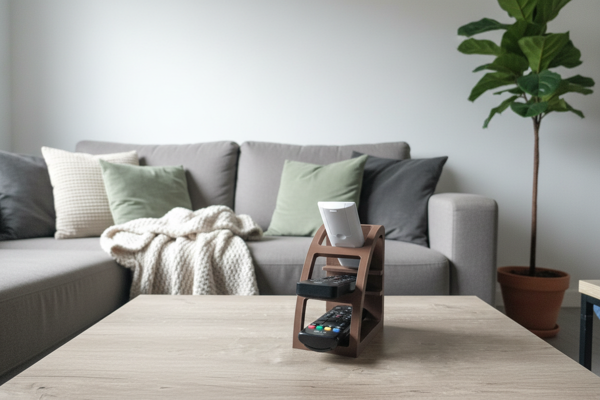 Remote Control Organizer on a light oak coffee table in a minimalist Scandi living room
