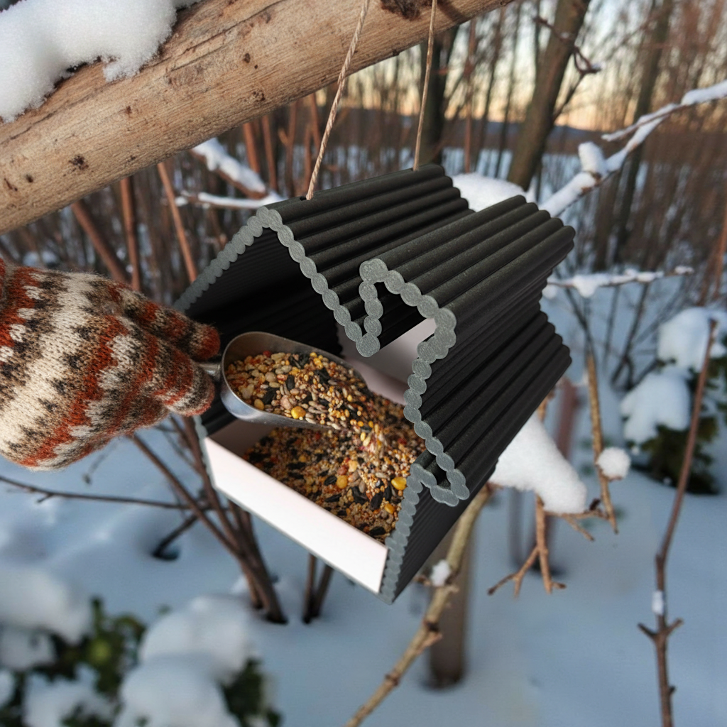 Hands filling ribbed bird feeder drawer with birdseed in snowy garden
