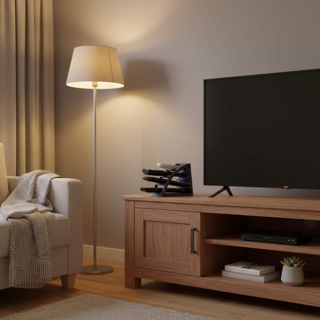 Remote Control Organizer displayed on a wooden TV unit in a cosy modern living room holding 4 remotes