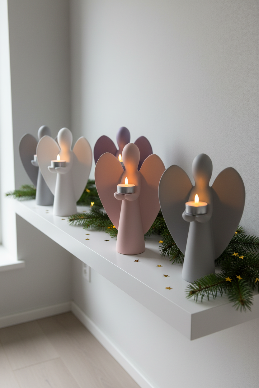 Collection of angel sculptures in white pink purple grey holding tealights on shelf lifestyle