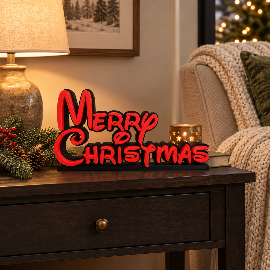 Red lettering and black base of the Merry Christmas sign styled in a cosy reading nook