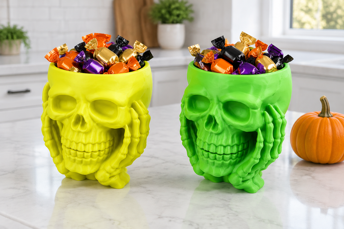 Neon yellow and neon green skull sweet bowls held by sculpted hands on a kitchen island