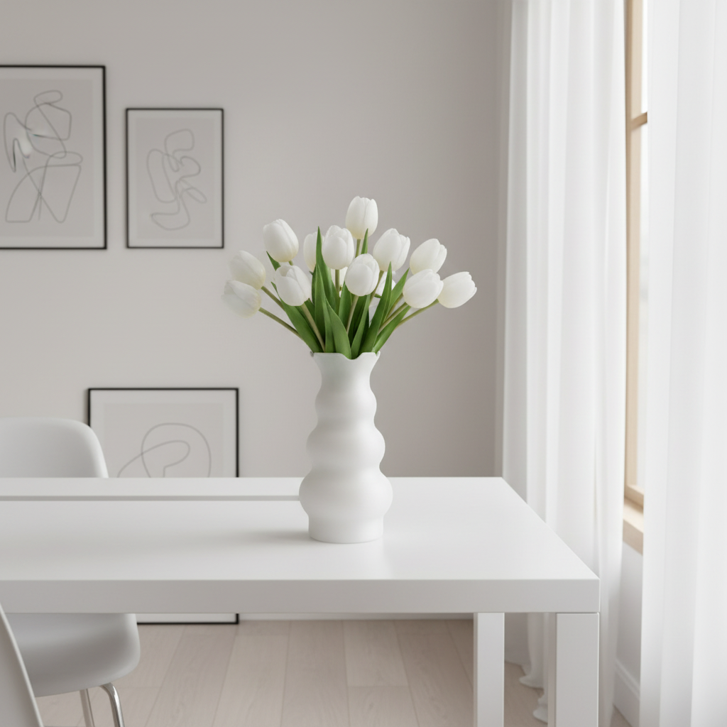 Matte white tulip-inspired vase with fresh white tulips on a minimalist desk
