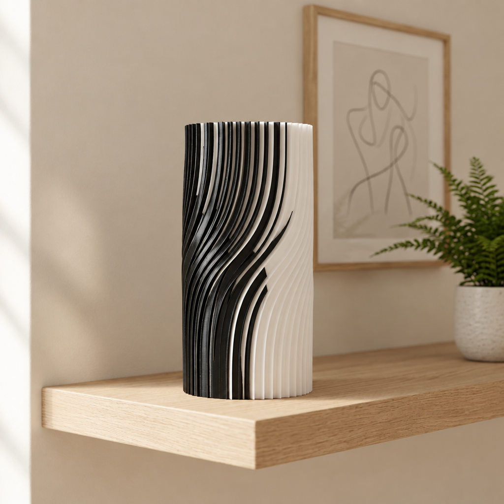 Dual Phase Vase on pale oak shelf