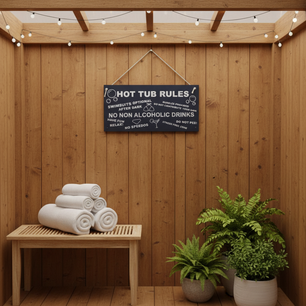 Hot Tub Rules Sign hanging in a cosy garden hot tub shelter