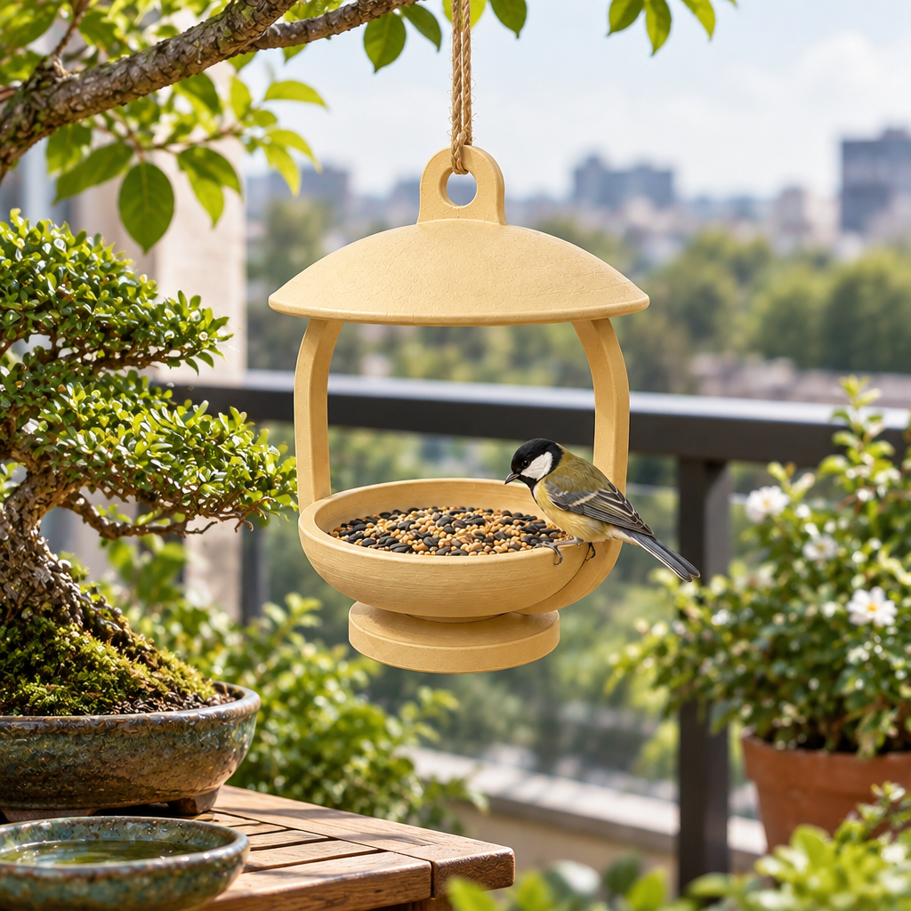 Pale canopy bird feeder hanging near balcony bonsai