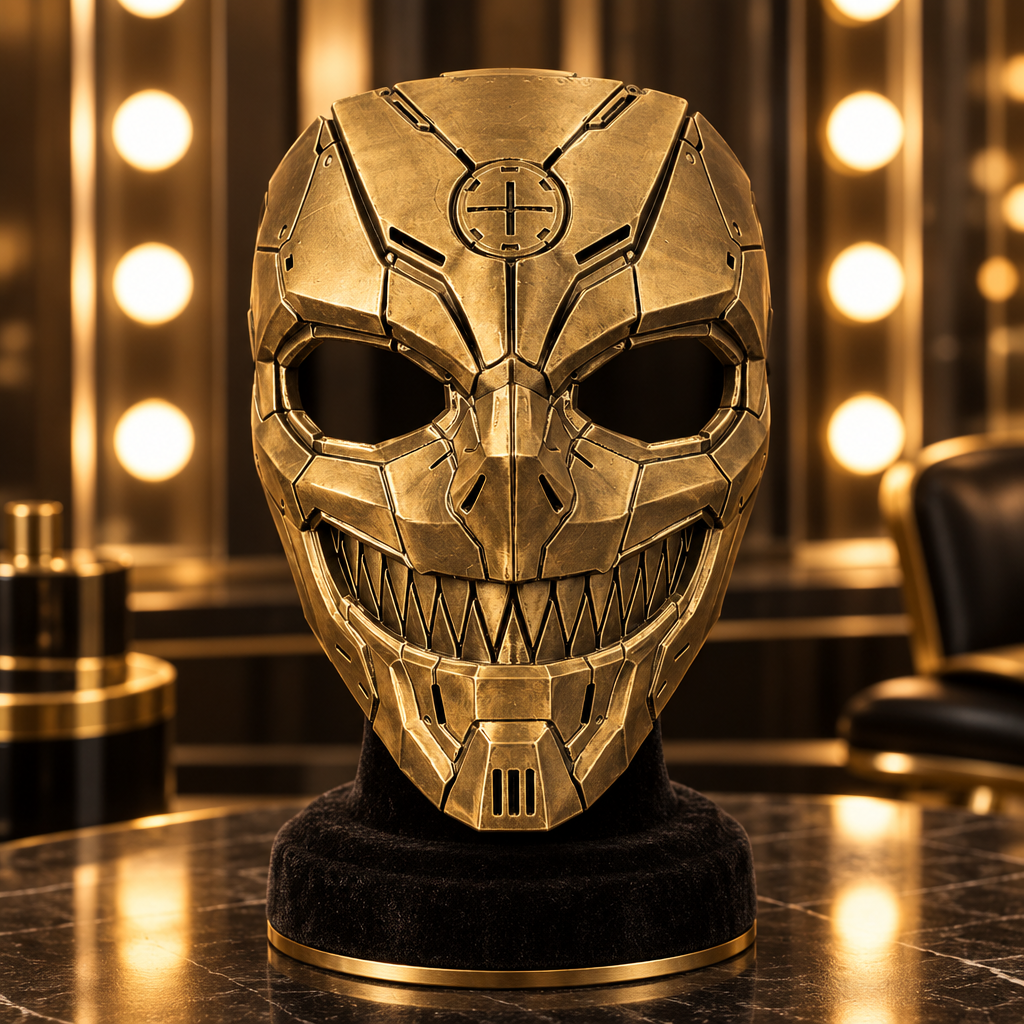 Antique gold Tech Devil mechanical skull mask on display in a theatre dressing room, without a strap