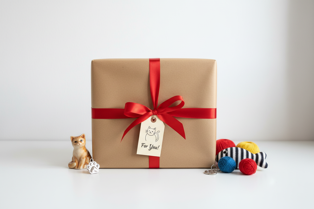 Cat shadow box presented as a gift with kraft paper and ribbon bow