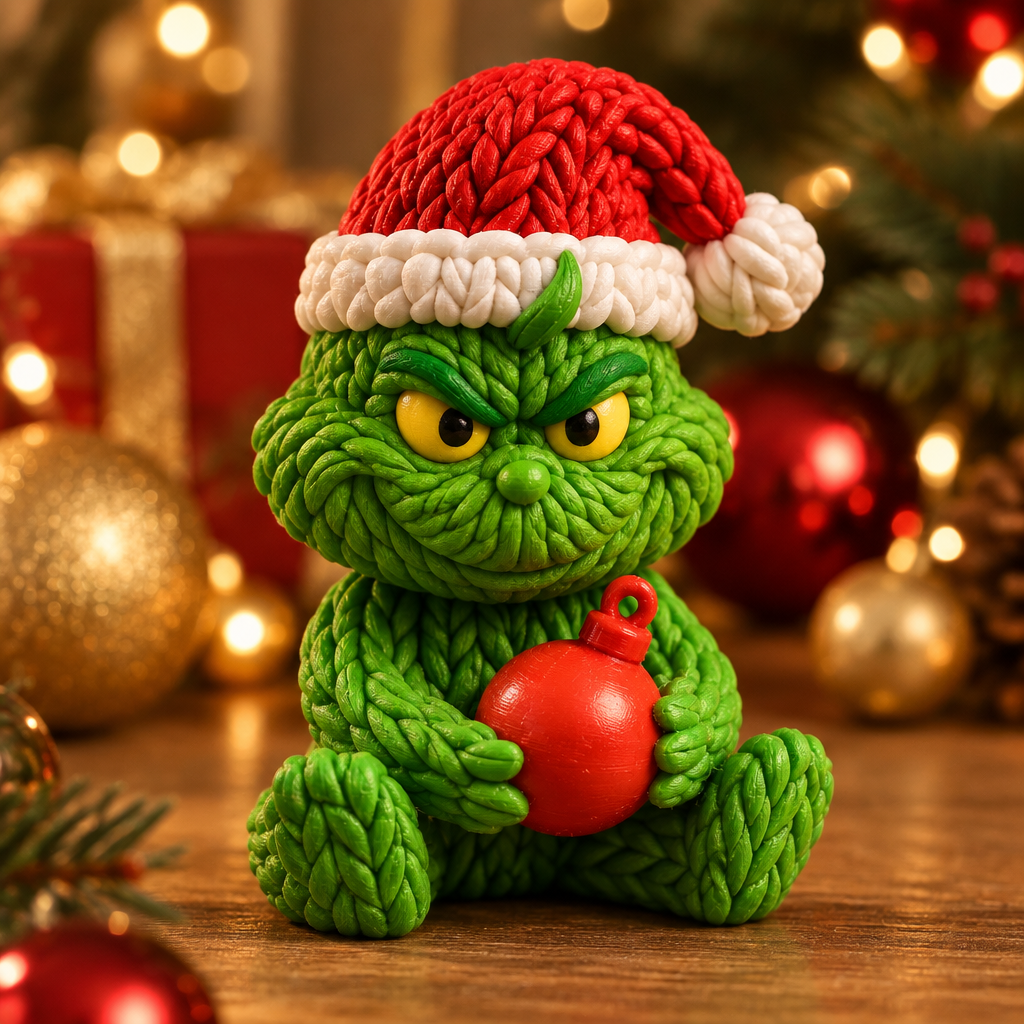 Close view of the knitted-look face, Santa hat, and bauble on the figure