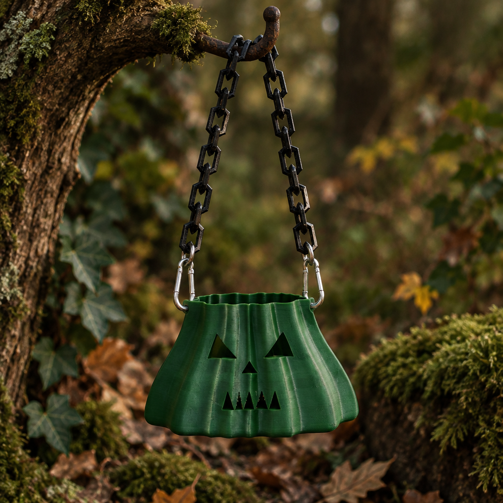 Forest green pumpkin-shaped bag hanging by its attached black chains in a woodland Halloween display