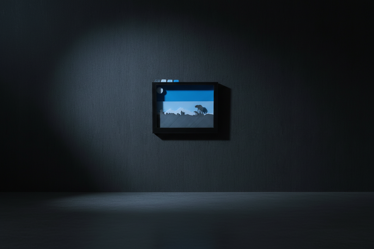 Star Wars Hoth Shadow Box hung on a dark feature wall with dramatic icy blue cinematic lighting