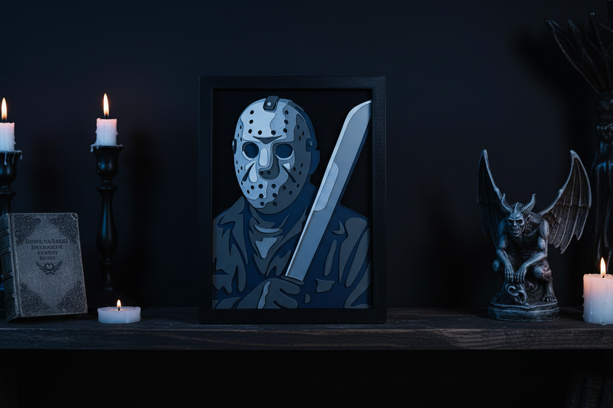 Jason Voorhees Shadow Box on a dark gothic shelf with cold blue lighting and candles