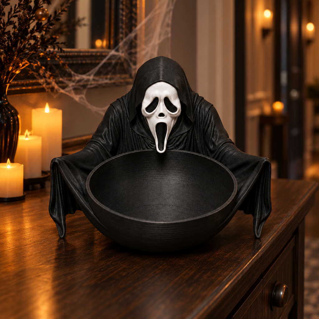 Black Ghostface-inspired sweet tray on a warm Halloween buffet table