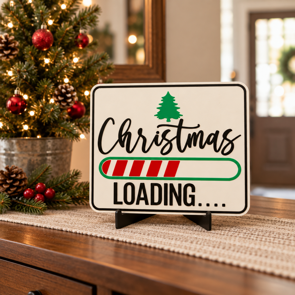 Christmas Loading Sign on an entryway console beside a small Christmas tree